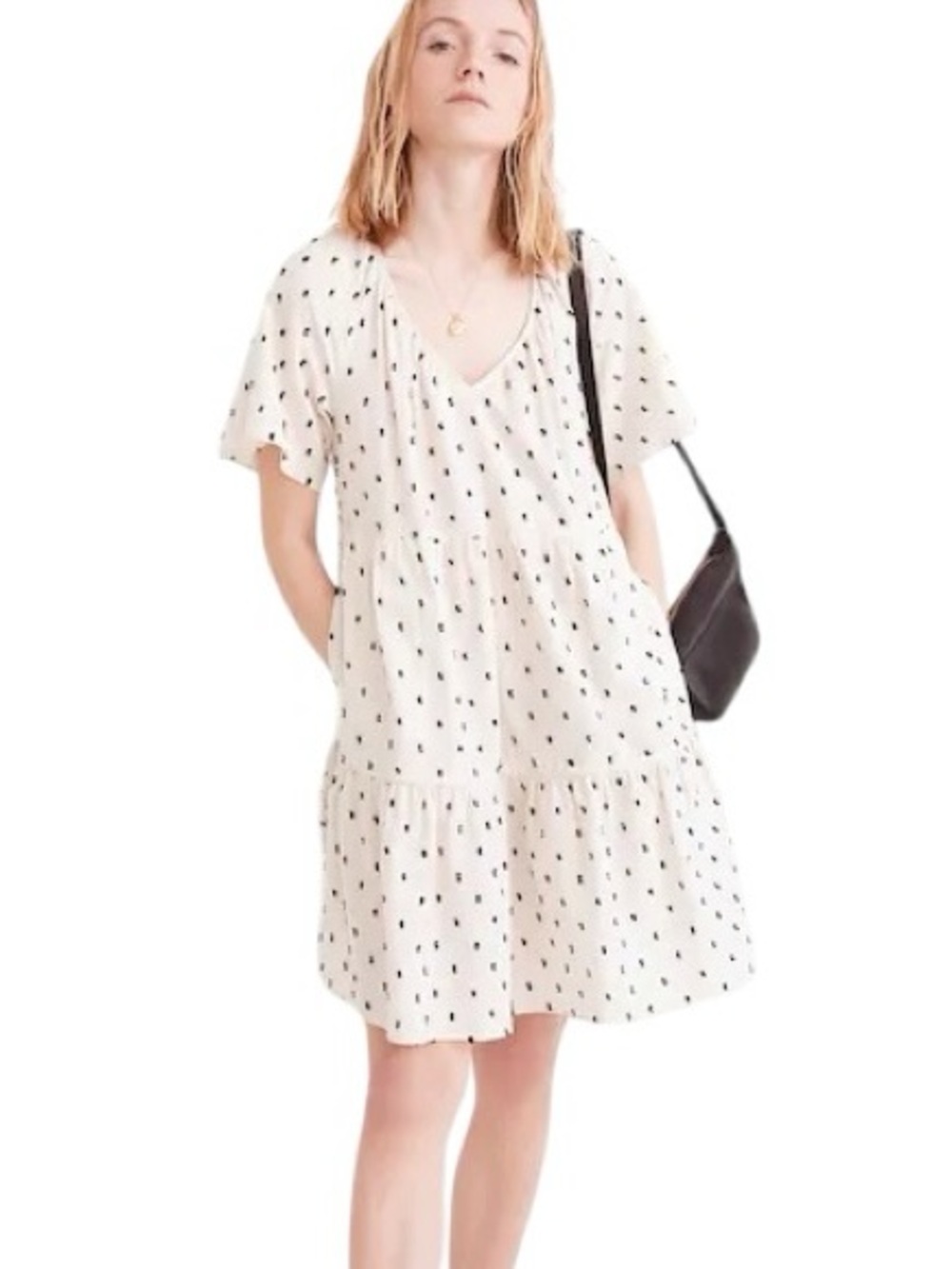 Madewell Cotton Lorelei Linen Ivory Black Embroidered Clip Dot Babydoll Dress  S